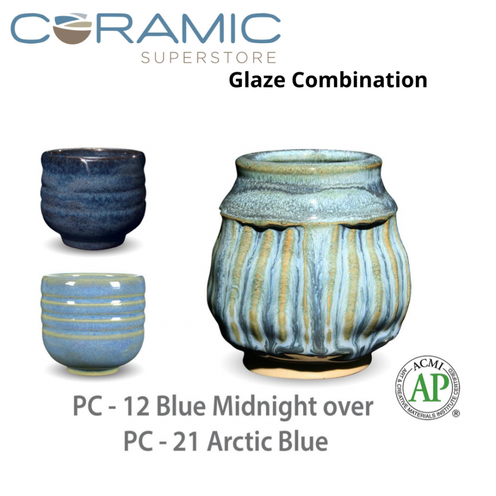 Blue Midnight PC-12 over Arctic Blue PC-21 Pottery Cone 5 Glaze Combination